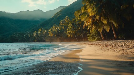 Canvas Print - Tropical beach sunset, palm trees, ocean waves, mountain backdrop, travel poster