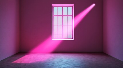 Wall Mural - Pink light dramatically illuminates empty room showcasing window view. AI Generated