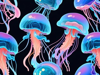 Wall Mural - Glowing Jellyfish Symphony: An Underwater Ballet of Light and Color