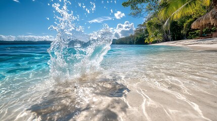 Refreshing ocean waves splashing onto sandy beach with turquoise water and lush greenery under bright blue sky