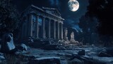 Moonlit ancient temple ruins, night scene, historical background,  fantasy art