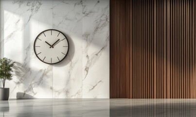 Wall Mural - A modern, cozy, and vacant room interior mock-up with a background of white marble and wood walls, showcasing Scandinavian design, rendered in 3D