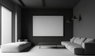 Poster - Modern living room design in black, featuring a frame mock-up with canvas frames on a black wall, rendered in three dimensions