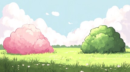 Sticker - Pink and green bushes playfully contrast in a sunny field vibrant illustration. AI Generated