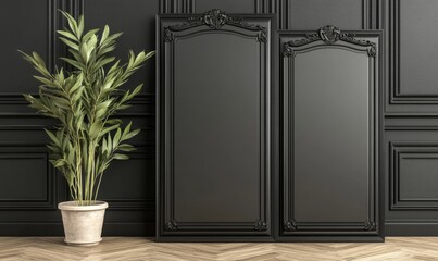 Wall Mural - A contemporary interior design mock-up of an unoccupied living room with a dark grey wall background, rendered in 3D