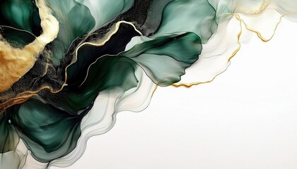 Poster - abstract green and gold fluid art design with gentle waves and flowing lines on a white background