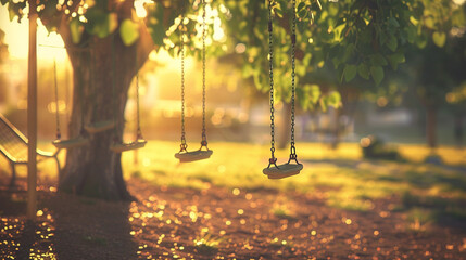 Wall Mural - A nostalgic playground scene viewed from a distance, with swings swaying gently in the breeze, bathed in golden evening light.