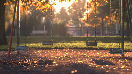 Wall Mural - A nostalgic playground scene viewed from a distance, with swings swaying gently in the breeze, bathed in golden evening light.
