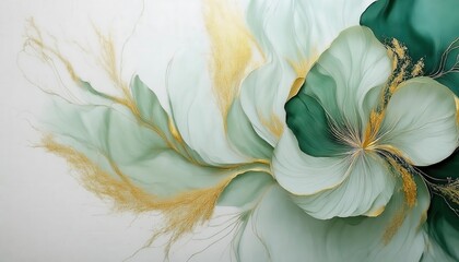 Poster - delicate flowing green abstract art with golden highlights, elegant organic shapes and soft gradient patterns for decor

