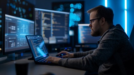  A focused male tech worker sitting at a sleek workstation, typing on a futuristic keyboard with multiple monitors displaying lines of code and cybersecurity analytics