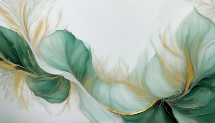 Fototapete - delicate flowing green abstract art with golden highlights, elegant organic shapes and soft gradient patterns for decor

