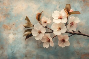 Blooming cherry tree branch with delicate white flowers on textured background