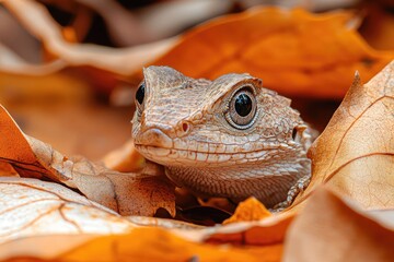 Wall Mural - Caiman lizard hiding in orange autumn leaves