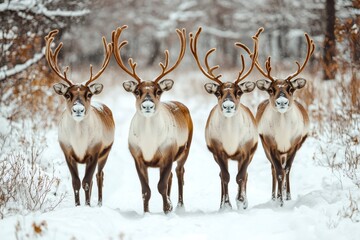 four reindeer walking in the snow covered forest
