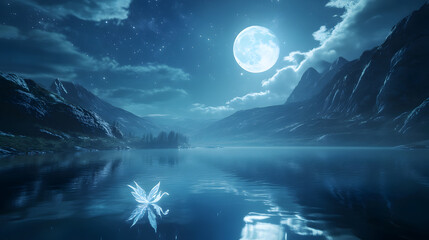 landscape with a shimmering fairy floating above a crystal-clear lake