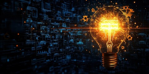 Wall Mural - bright light bulb illuminating digital data patterns in a modern technological environment