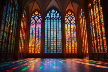 Wall Mural - Colorful stained glass windows illuminating church interior