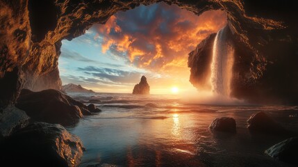 Canvas Print - Cave waterfall sunset ocean rocks scenic wallpaper