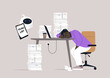 © nadia_snopek - A frustrated robot hovers over a tired worker, surrounded by towering piles of documents, The employee rests head on desk, overwhelmed by the tasks outlined on a clipboard