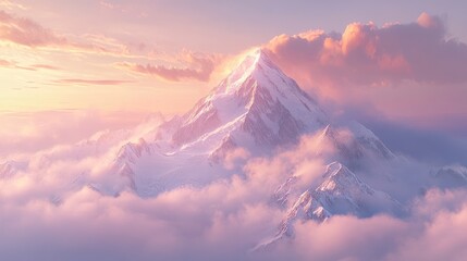 Wall Mural - Snowy mountain peak sunrise cloudscape, aerial view