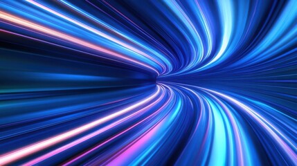 Wall Mural - 3D render, an abstract futuristic background with a neon light tunnel tube and a speed motion blur effect.