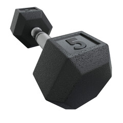 Hex Dumbbell with number 5, weightlifting gym equipment side view. Png clipart isolated on transparent background