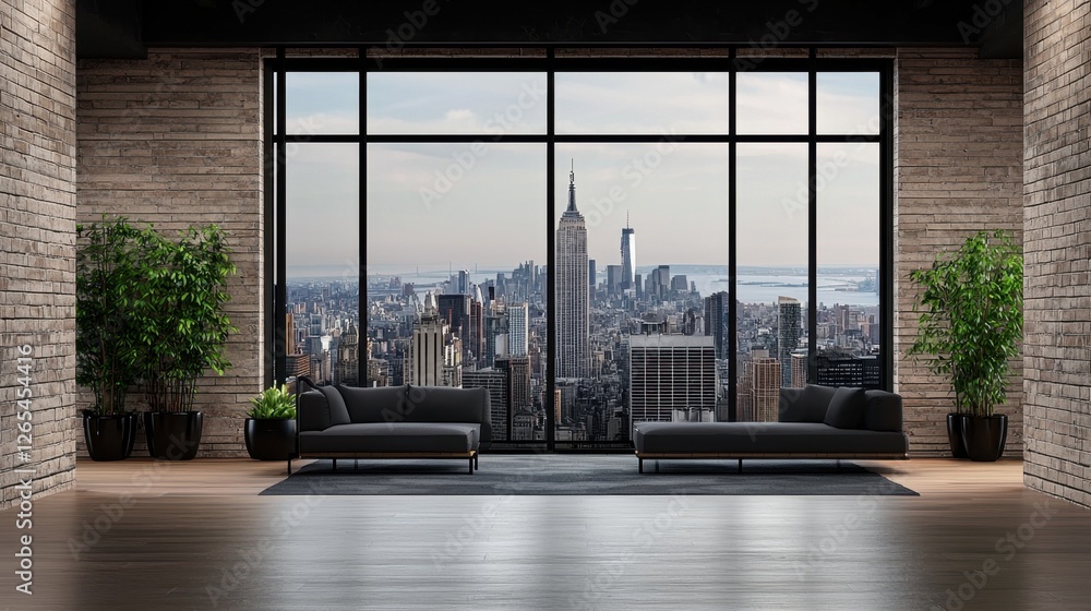 Modern urban living room with panoramic view of New York City skyline ...