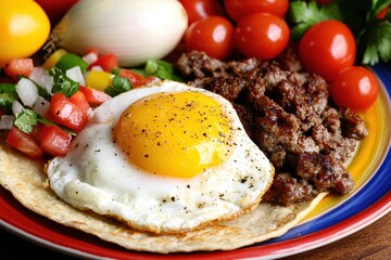 Wall Mural - Delicious Breakfast Plate with Fried Egg Beef and Fresh Vegetables on Colorful Plate