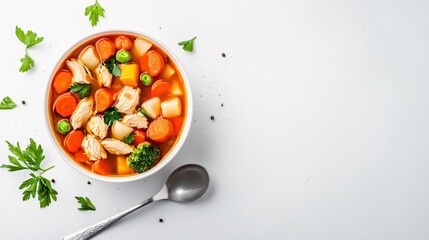 Wall Mural - Delicious chicken soup with fresh vegetables in a white bowl on a bright white background