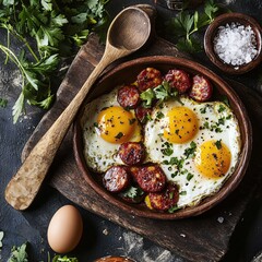 Wall Mural - Rustic Breakfast Delight Fried Eggs Chorizo and Parsley on Wooden Board Overhead View