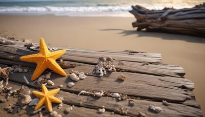 Wall Mural - Starfish and shell-covered wooden log on a beach, coastal landscape, natural beauty, starfish