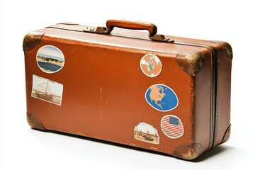 a vintage suitcase with travel stickers from around the world, globetrotter theme, isolated on white background