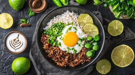 Wall Mural - Delicious bibimbap bowl with fried egg rice ground meat and fresh lime on dark background