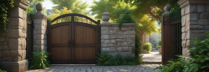 Wall Mural - Stone courtyard with wooden gate and surrounding foliage, rustic charm, outdoor spaces