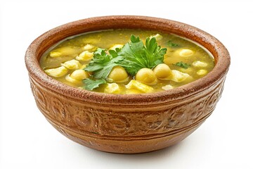 Wall Mural - Rustic Chickpea Soup in Clay Bowl with Parsley Garnish on White Background Studio Shot