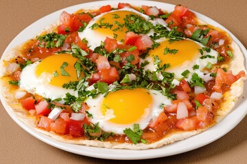 Wall Mural - Huevos Rancheros Delightful Dish with Sunny Side Up Eggs Salsa and Fresh Cilantro Garnish