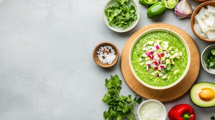 Wall Mural - Refreshing green gazpacho soup with fresh vegetables and herbs on a gray textured surface