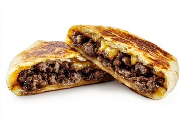 Wall Mural - Delicious Quesadilla Cut in Half Showcasing Savory Beef and Melted Cheese on White Backdrop