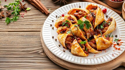 Wall Mural - Savory pastry rolls with spiced filling on rustic wooden table culinary delight food shot