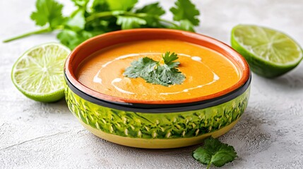 Wall Mural - Vibrant bowl of creamy carrot soup with fresh cilantro and lime on a textured surface