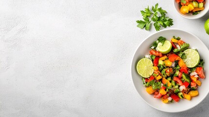 Wall Mural - Vibrant colorful salsa salad with fresh ingredients on a clean white textured background