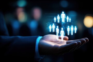 Wall Mural - hand holding digital representation of diverse people with glowing outlines, symbolizing community, 