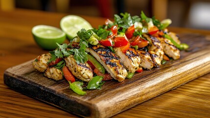 Wall Mural - Grilled chicken breast slices with fresh vegetables and lime on a wooden cutting board