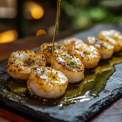 Wall Mural - Golden Olive Oil Drizzling Over Delicious Seared Scallops on Dark Slate Platter Gourmet Food