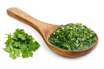 Wall Mural - Fresh Chimichurri Sauce on Wooden Spoon with Cilantro Herb on White Background Studio Shot