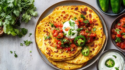 Wall Mural - Delicious Corn Tortilla Stack with Fresh Tomato Salsa Cream and Jalapeno on a Rustic Plate