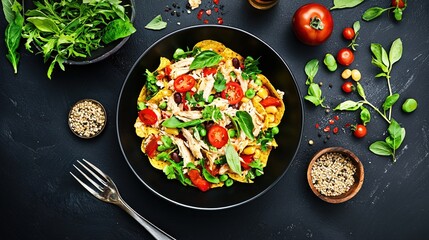 Wall Mural - Delicious Chicken Salad with Fresh Tomatoes and Basil on Dark Tabletop Food Photography