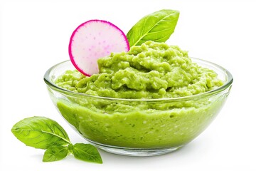 Wall Mural - Fresh green avocado dip with radish and basil in glass bowl on white background