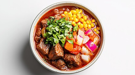 Wall Mural - Hearty beef stew with vibrant corn and fresh herbs in a rustic bowl overhead shot