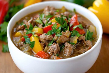 Wall Mural - Hearty beef stew with colorful bell peppers and fresh parsley in a white ceramic bowl